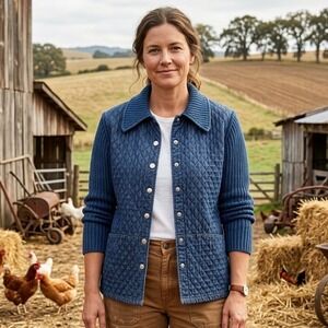 Field‎ Gear Womens Quilted Denim Mixed Media Jacket Knit Sleeves Blue Medium